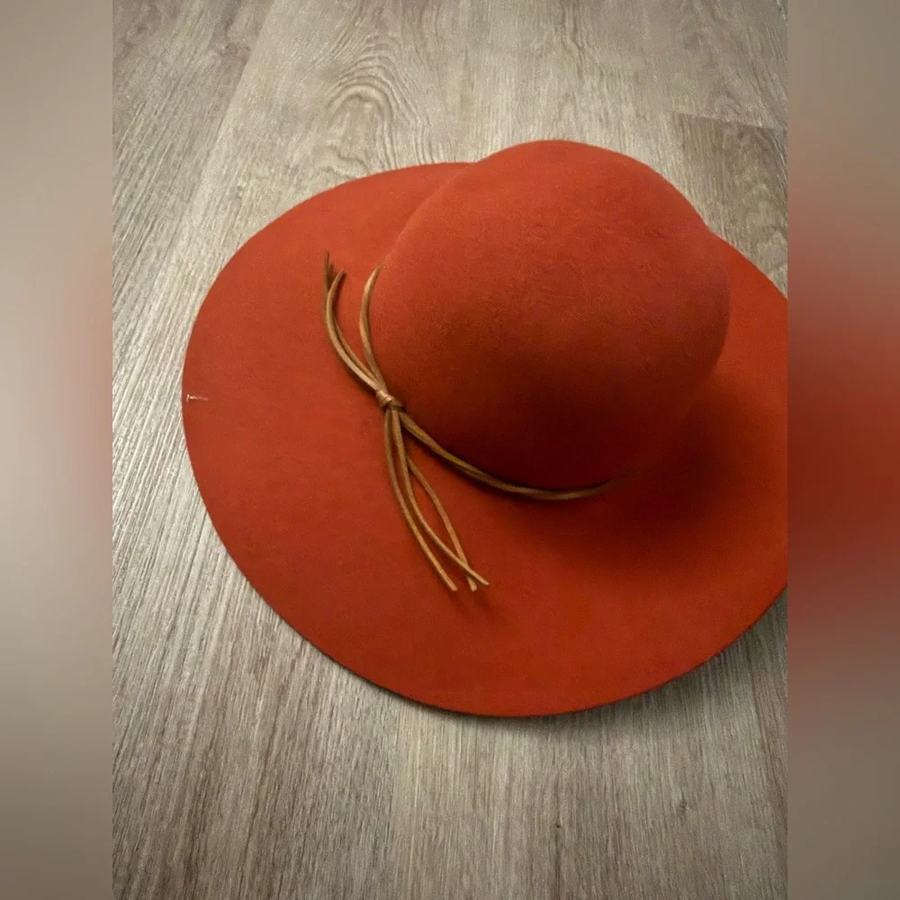 Wide Brim Felt Floppy Hat in Rust Orange with Bow Band - Picture 2 of 3